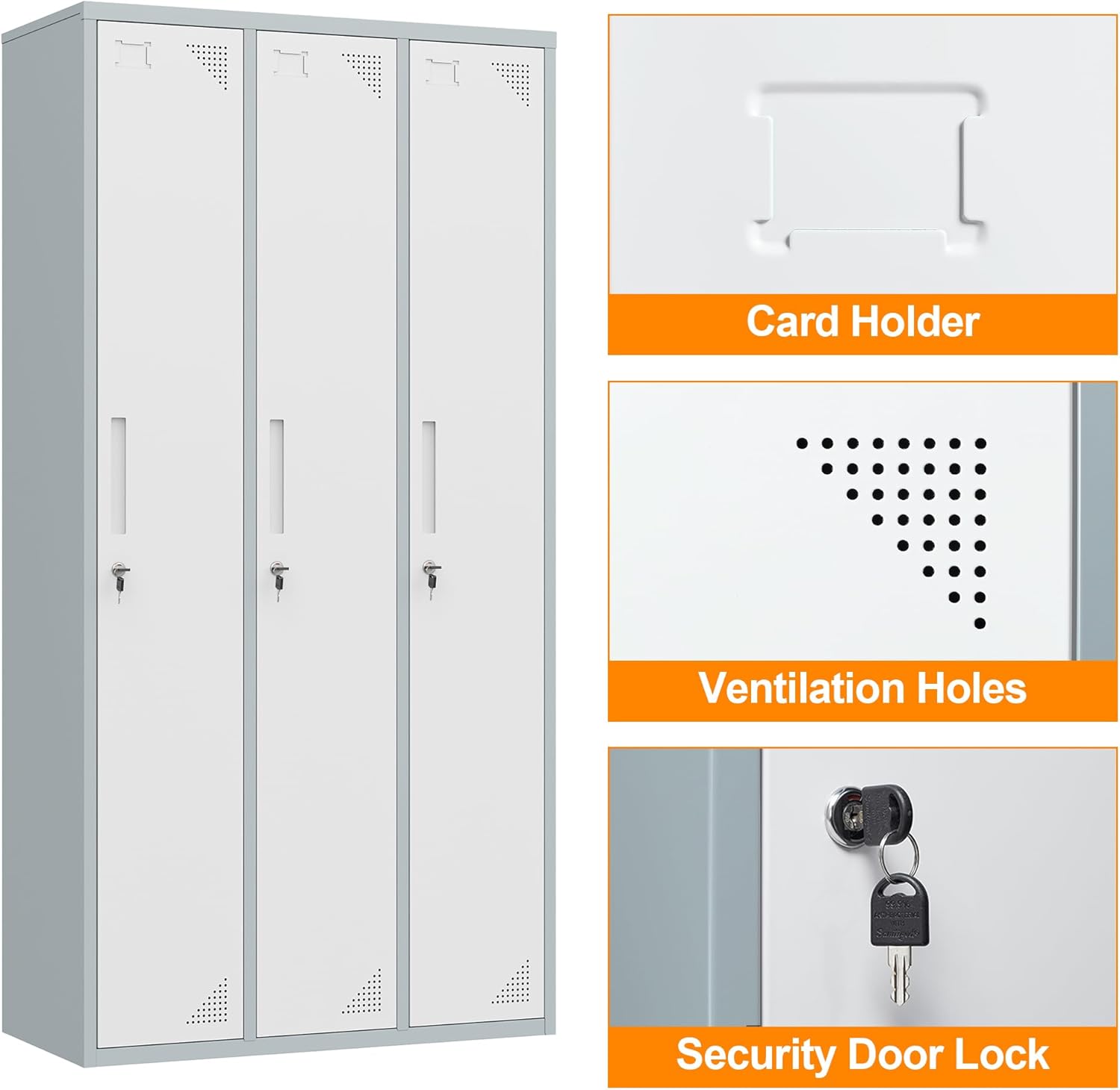 Metal Locker with 3 Doors Employees Locker, Metal Storage Locker with Hooks, 71" Storage Cabinet Lockers for Employees, Home, Office, Gym Requires Assembly (Grey White)