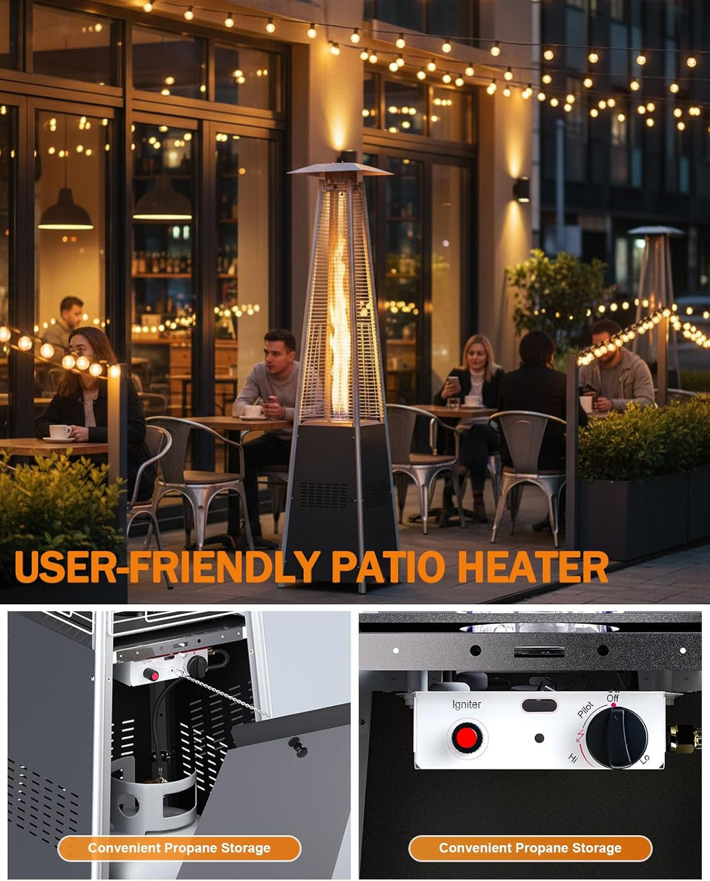 Patio Heater With Glass Tube, 48000 BTU Propane Patio Heaters For Outdoor Use With Cover & Wheels, Commercial Outdoor Heater For Patio Backyard, Multiple Protection System (Gray) (1 heater)