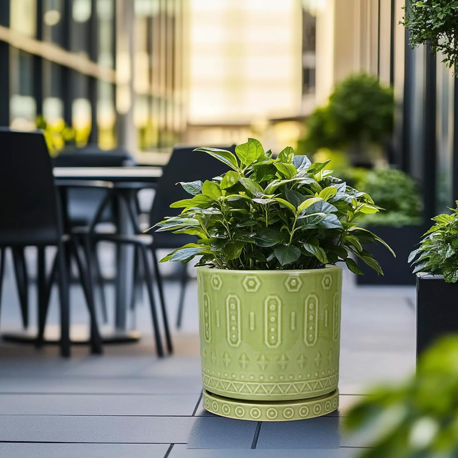 Ceramic Planter - 12 Inch Pots for Plants Indoor Outdoor, Round Large Flower Pots with Drainage Hole and Saucer, Decorative Boho Planter, Home Office Decor, Plant Lover Gifts, Green