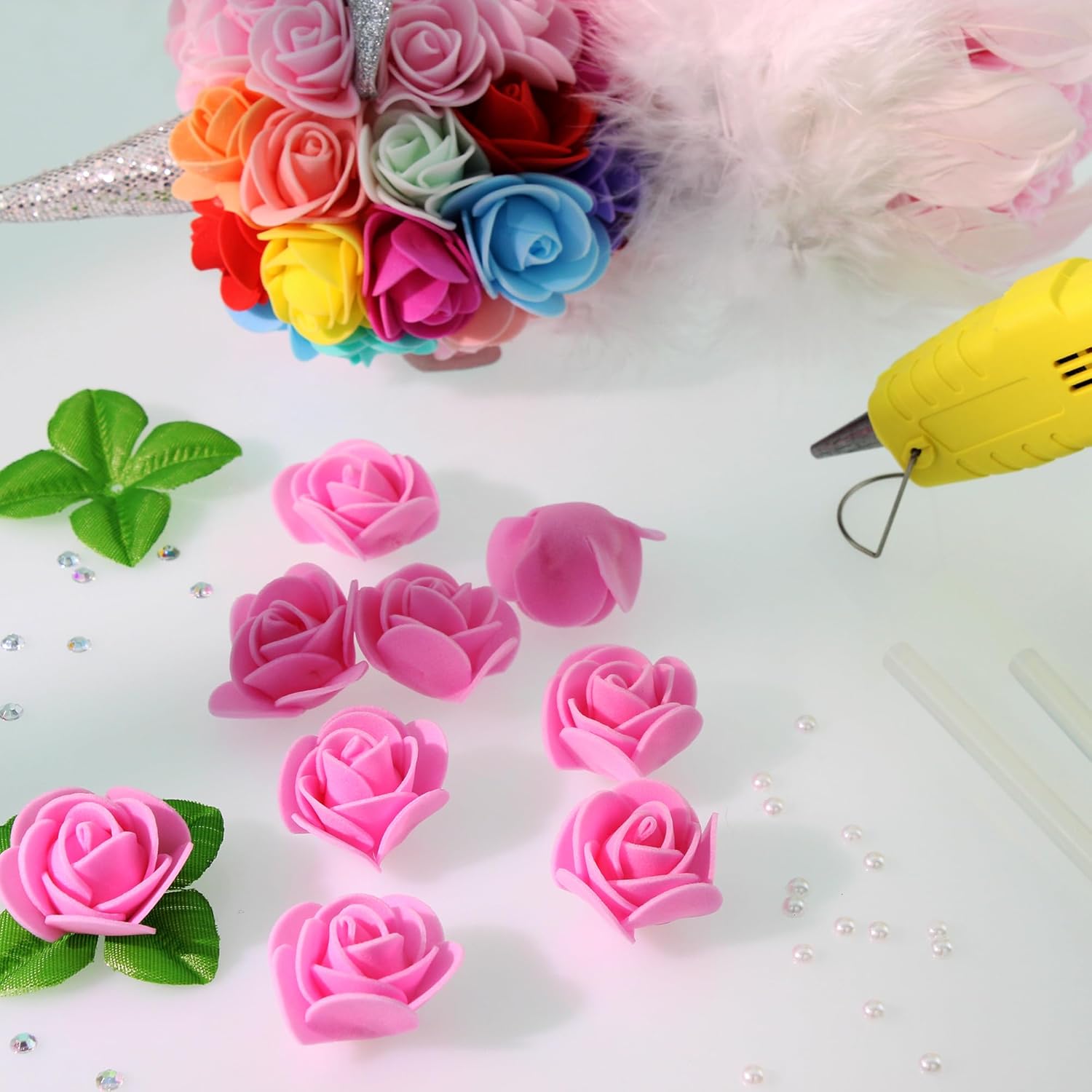 500 Pcs 1.4 Inch Mini Artificial Flowers Head Bulk 5 in 1 Set Faux Foam Fake Small Rose Tiny Baby Flores Bouquet Cake Gift Home Decoration DIY Craft (Pink)