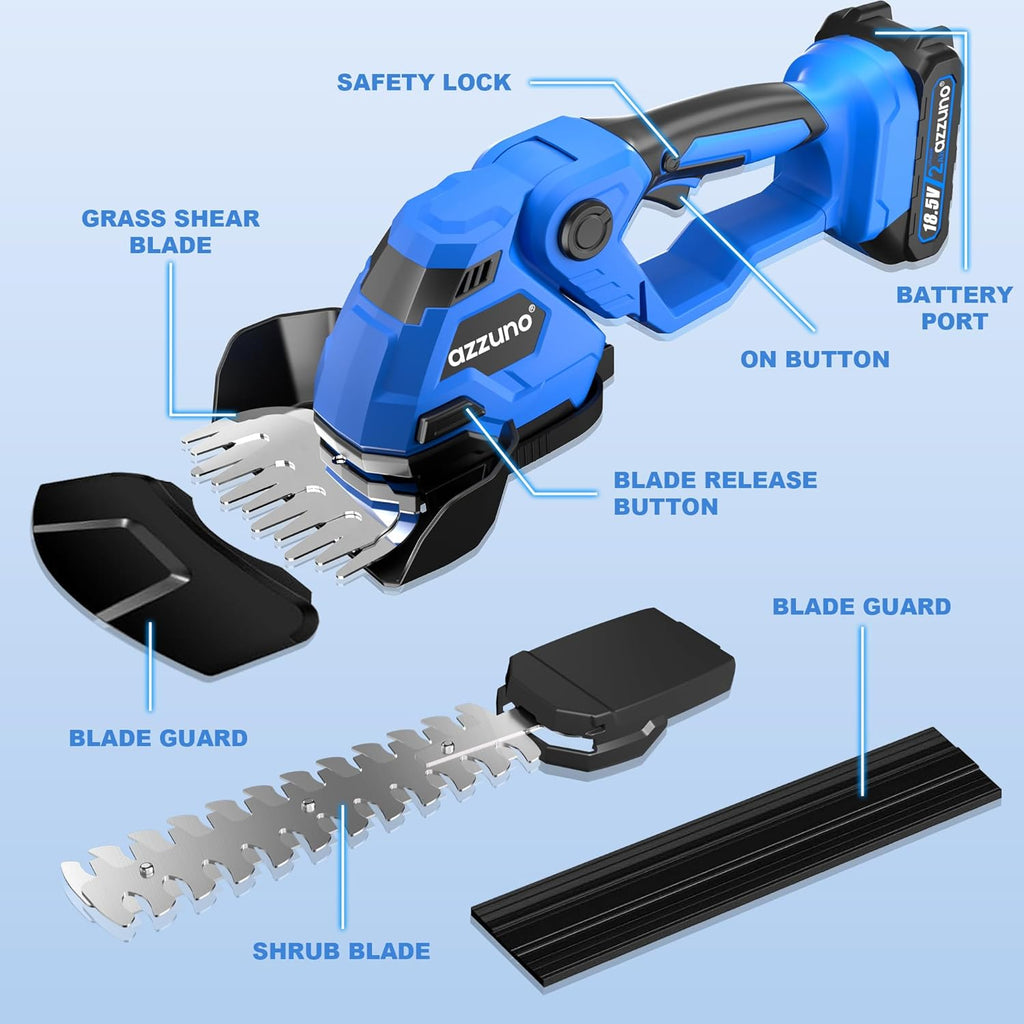 AZZUNO Cordless Hedge Trimmer, 2-in-1 Electric Grass Shears Shrubbery Trimmer with Battery，Handheld Grass Cutter Shrub Trimmer for Gardens, Yards, Lawns, Including Charger (1 Battery)