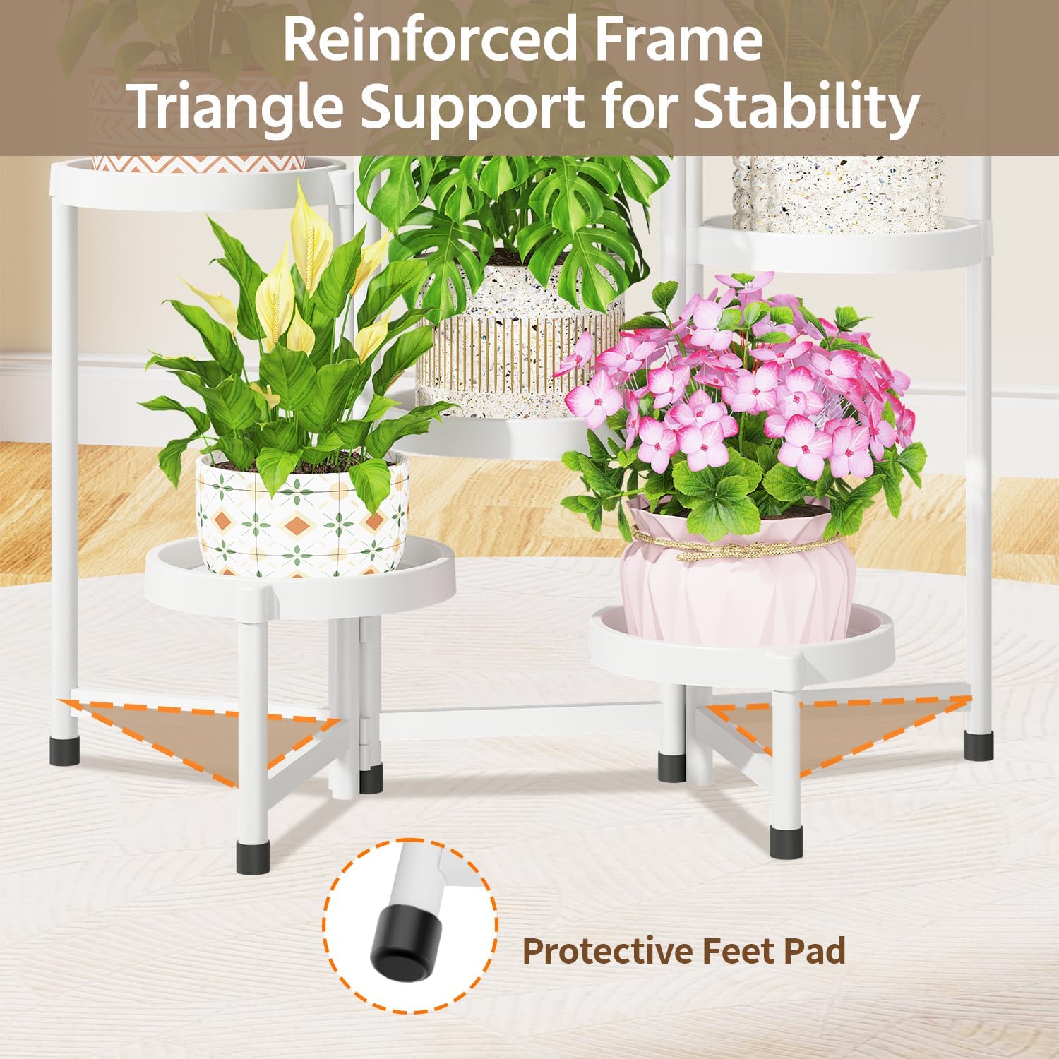 LASZOLA 7 Tiered Folding Plant Stand Indoor for Multiple Large Planter, Tall Heavy Duty Adjustable Rack with Rust Proof Plastic Shelving, Sturdy Vertical Tree Organizer for Narrow Inside Floor, White