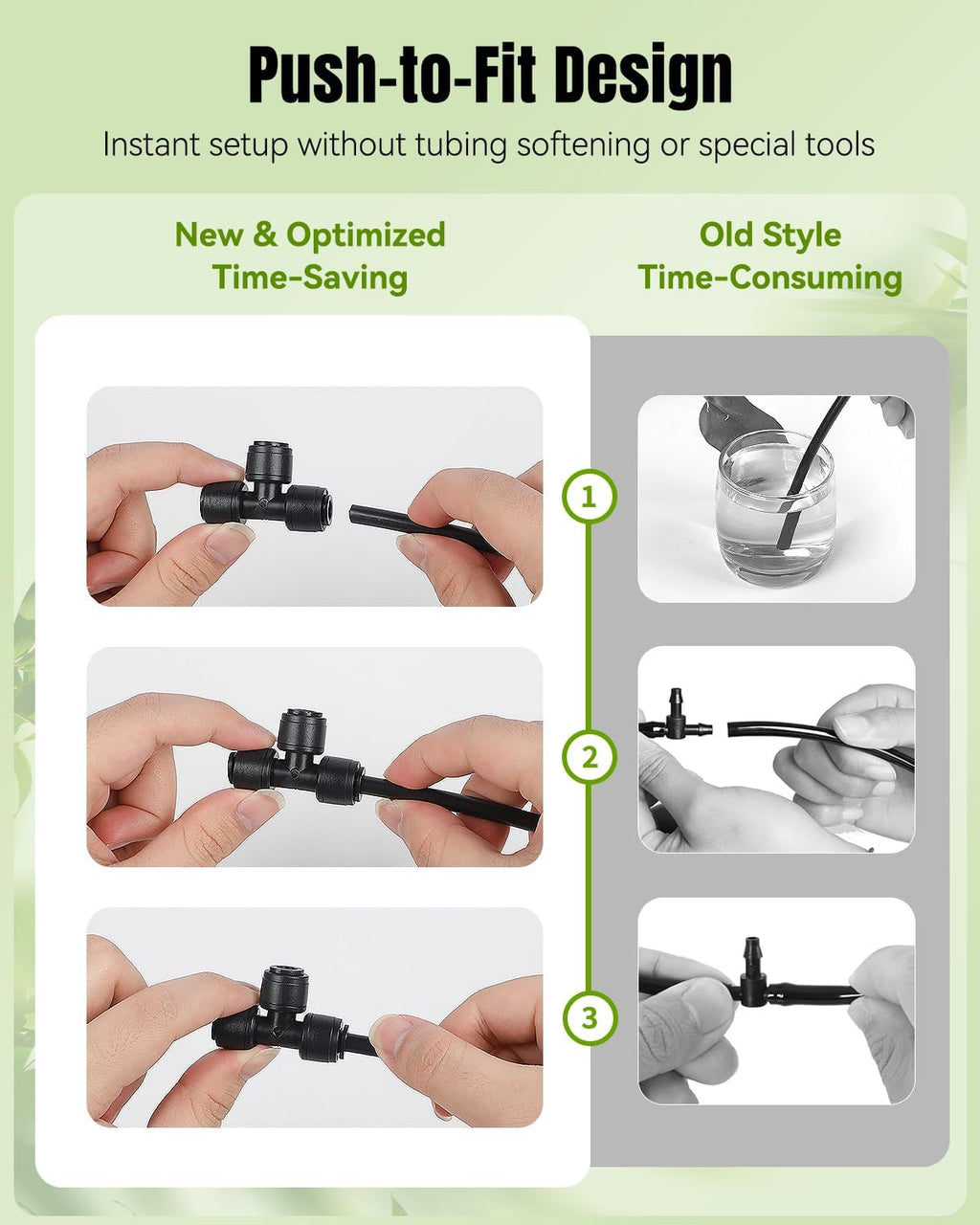 Pawfly 40 Pcs Quick Connect Drip Irrigation Fittings Kit for 1/4" Tubing, Push-to-Fit Drip Line Connectors Set with 10 Tees, 10 Couplings, 10 Elbows & 10 End Plugs, Anti-Leak Drip Irrigation Parts