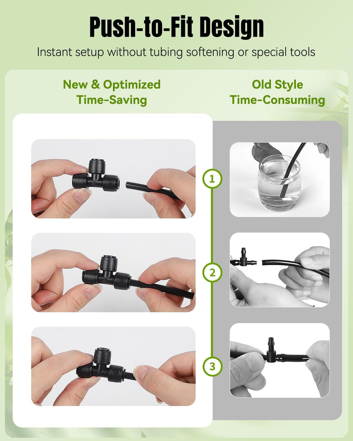 Pawfly 40 Pcs Quick Connect Drip Irrigation Fittings Kit for 1/4" Tubing, Push-to-Fit Drip Line Connectors Set with 10 Tees, 10 Couplings, 10 Elbows & 10 End Plugs, Anti-Leak Drip Irrigation Parts