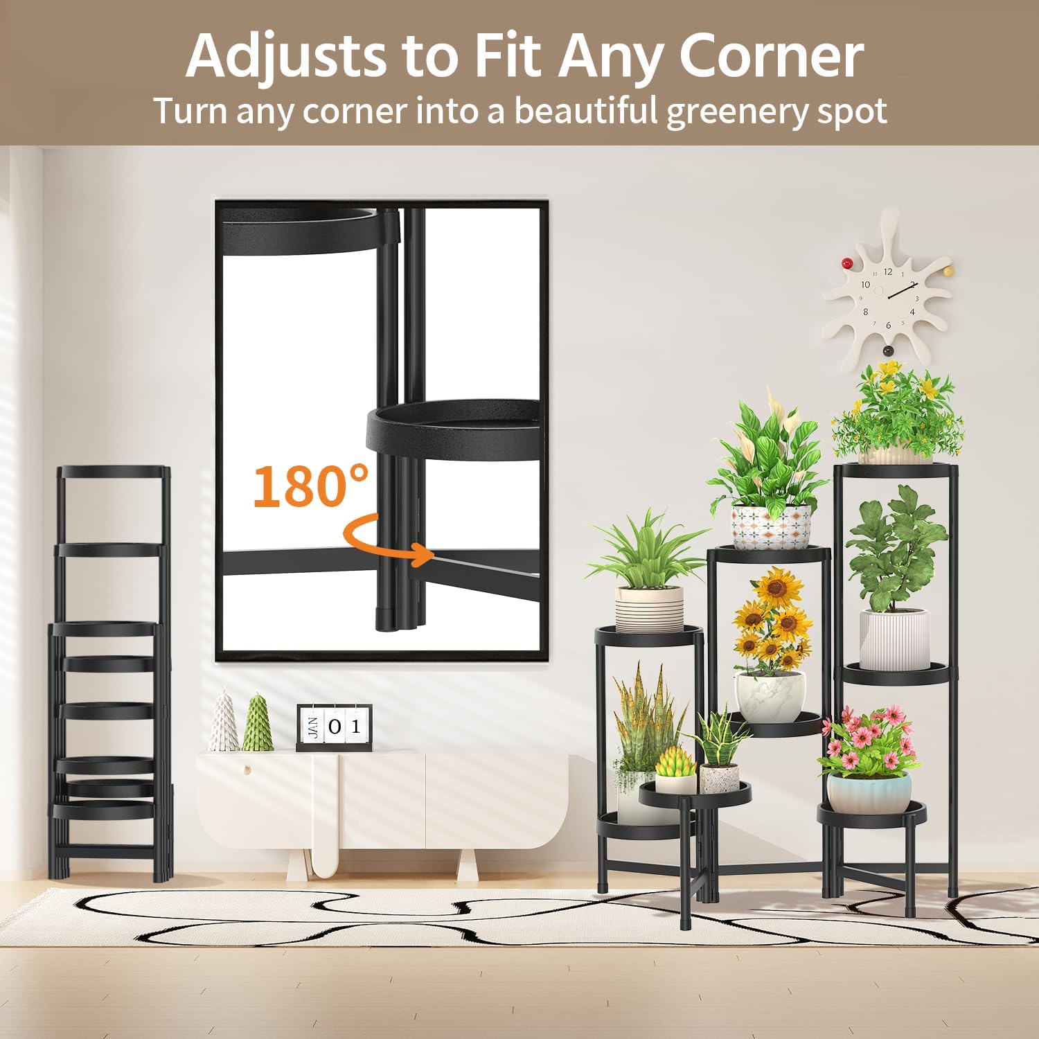 LASZOLA 8 Tiered Folding Plant Stand Indoor for Multiple Large Planter, Tall Heavy Duty Adjustable Rack with Rust Proof Plastic Shelving, Sturdy Vertical Tree Organizer for Narrow Inside Floor, Black