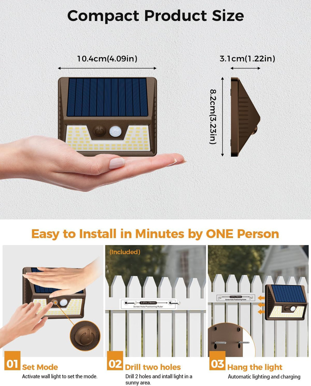 12 Pack Solar Motion Lights for Outside, Waterproof Fence Lights Outdoor, Warm White LED Wall Lights Wireless for Yard Steps Stairs Garden - Brown