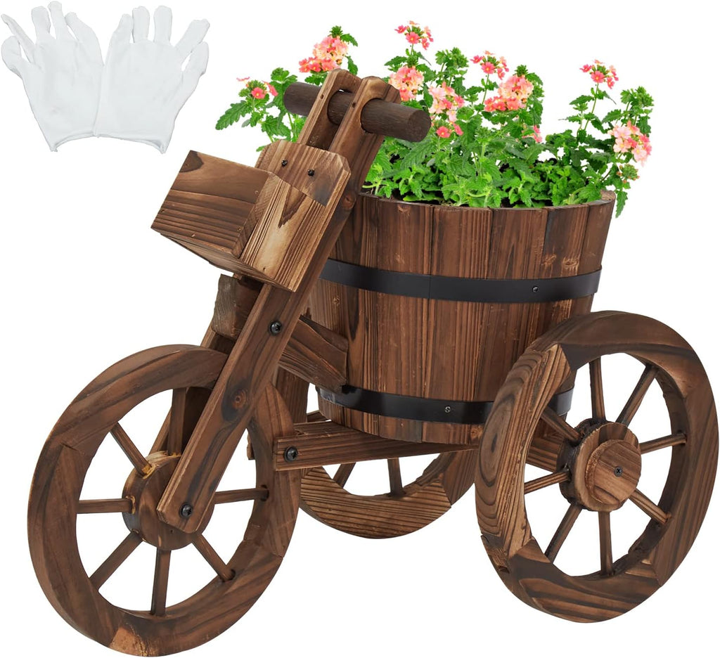kinbor Outdoor Planters - Rustic Barrel Planter, Wooden Wagon Tricycle Planters for Outdoor Plants