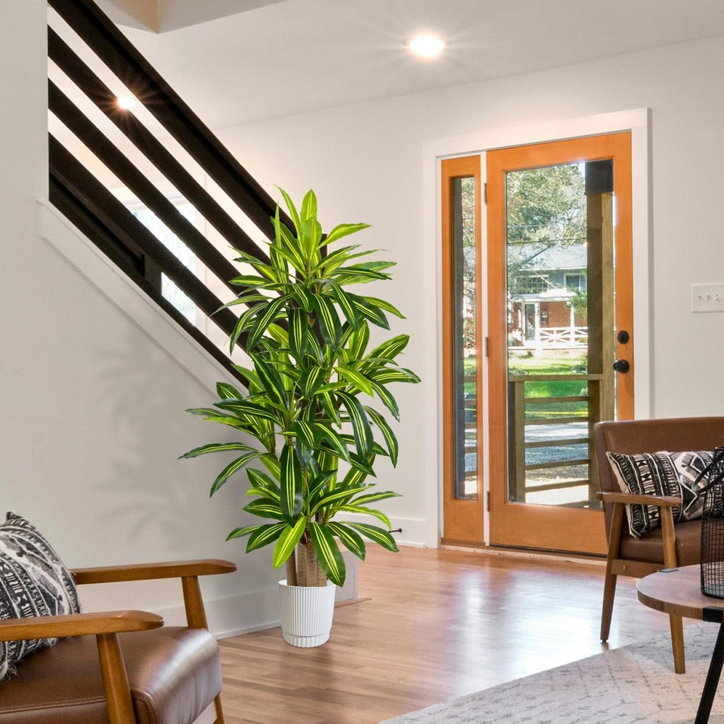 Artificial Dracaena Tree 6ft, Fake Yucca Plant with White Planter and Lifelike Leaves, Faux Dracaena Tall Floor Trees for Home Office Garden Décor