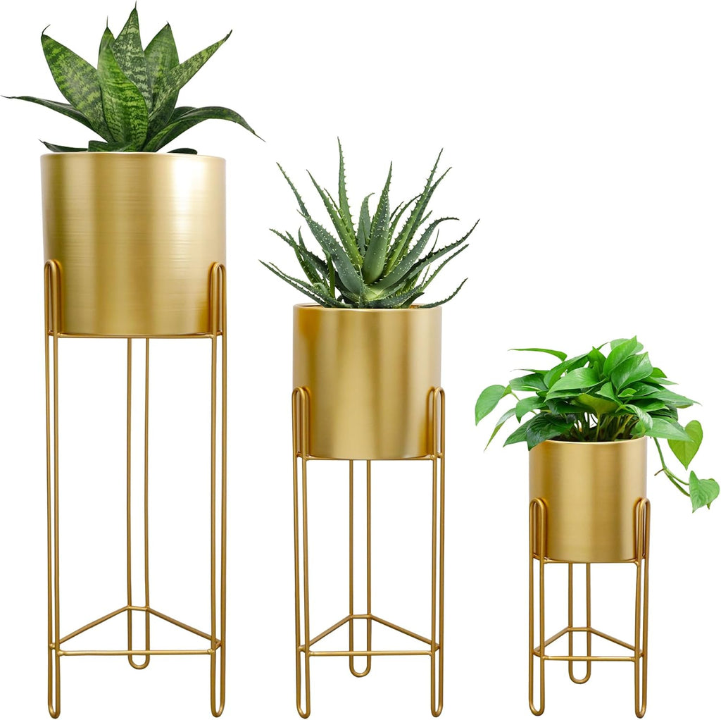 TRIROCKS Set of 3 Large Planters with Stand Gold Planter for Indoor Plants 29 &22 &12" Tall Morden Metal Plant Pots for Living Room Corner Kitchen Office Garden Balcony Patio Decor