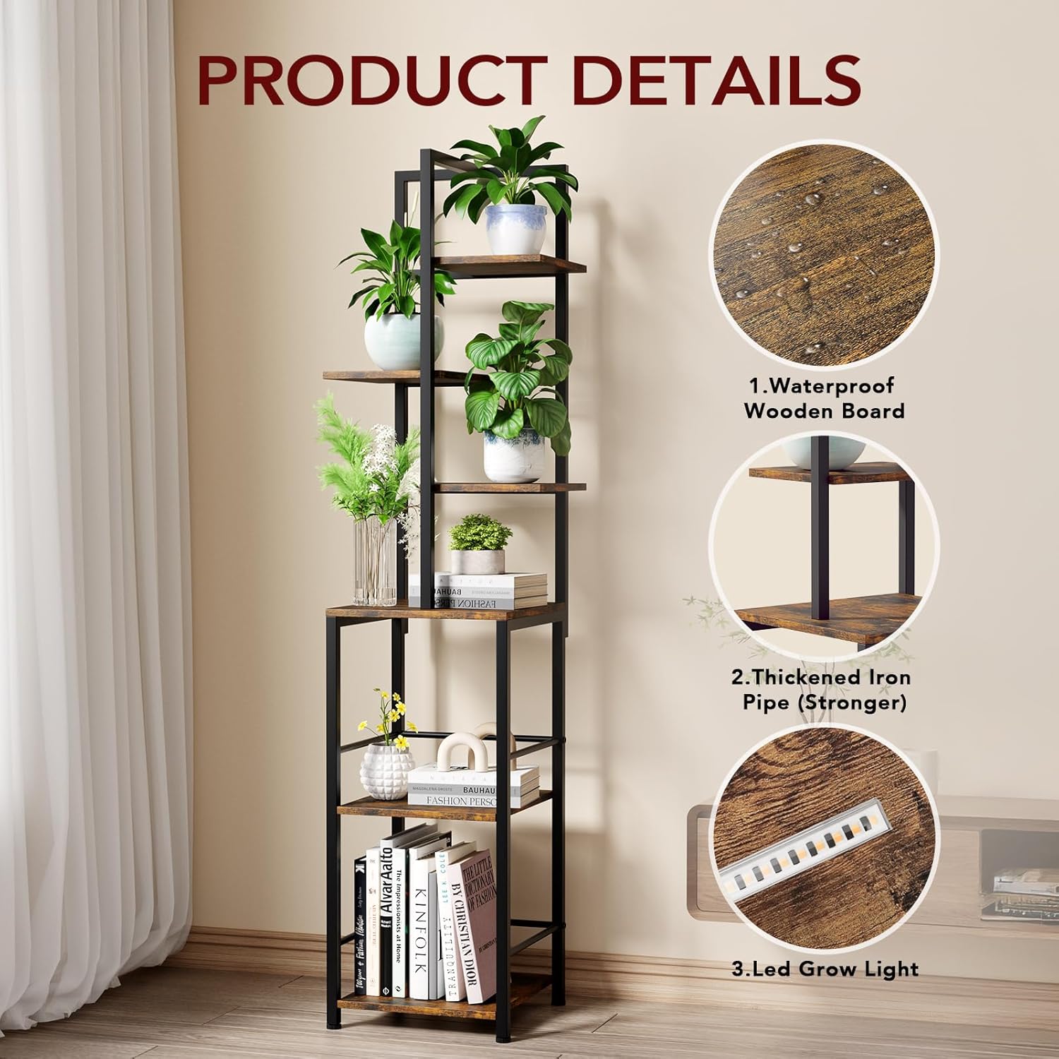 Plant Stand Indoor with Grow Light, 6-Tiered Tall Plant Stand Indoor, Metal Plant Shelf with Bookshelf Bookcase and Adjustable Light, Ideal for Living Room, Reading room, Garden, Patio (Brown)