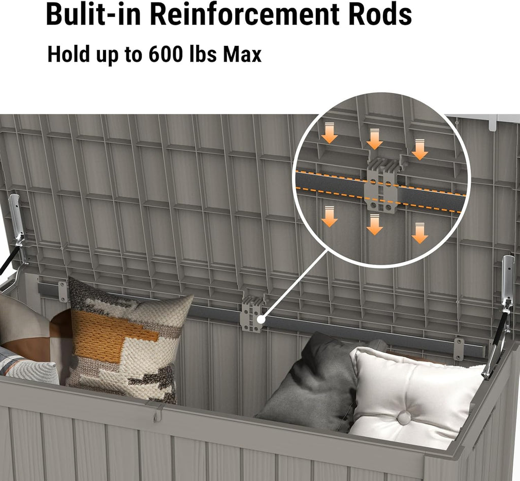 Mars Villa 119 Gallon Outdoor Storage Box Waterproof, Large Resin Deck Box for Pool Supplies Storage, Outdoor Patio Furniture Cushions, with Hydraulic Hinge, UV-Resistant and Weatherproof, Greige