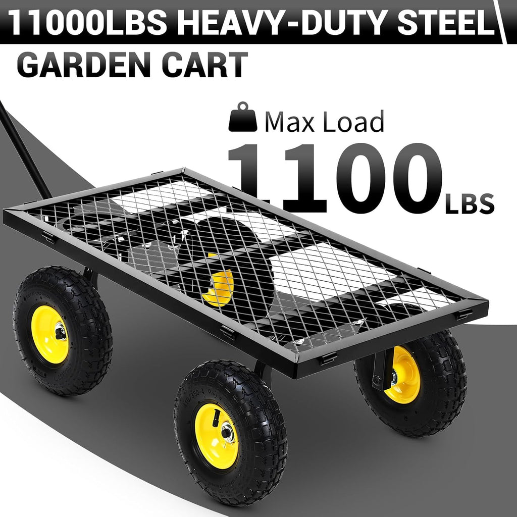 1100 Lbs Steel Garden Cart. Heavy Duty Metal Garden Wagon with 10" Wheels, Pullable Metal Garden Wagon with 180° Rotating Handle and Removable Sides for Farm, Yard
