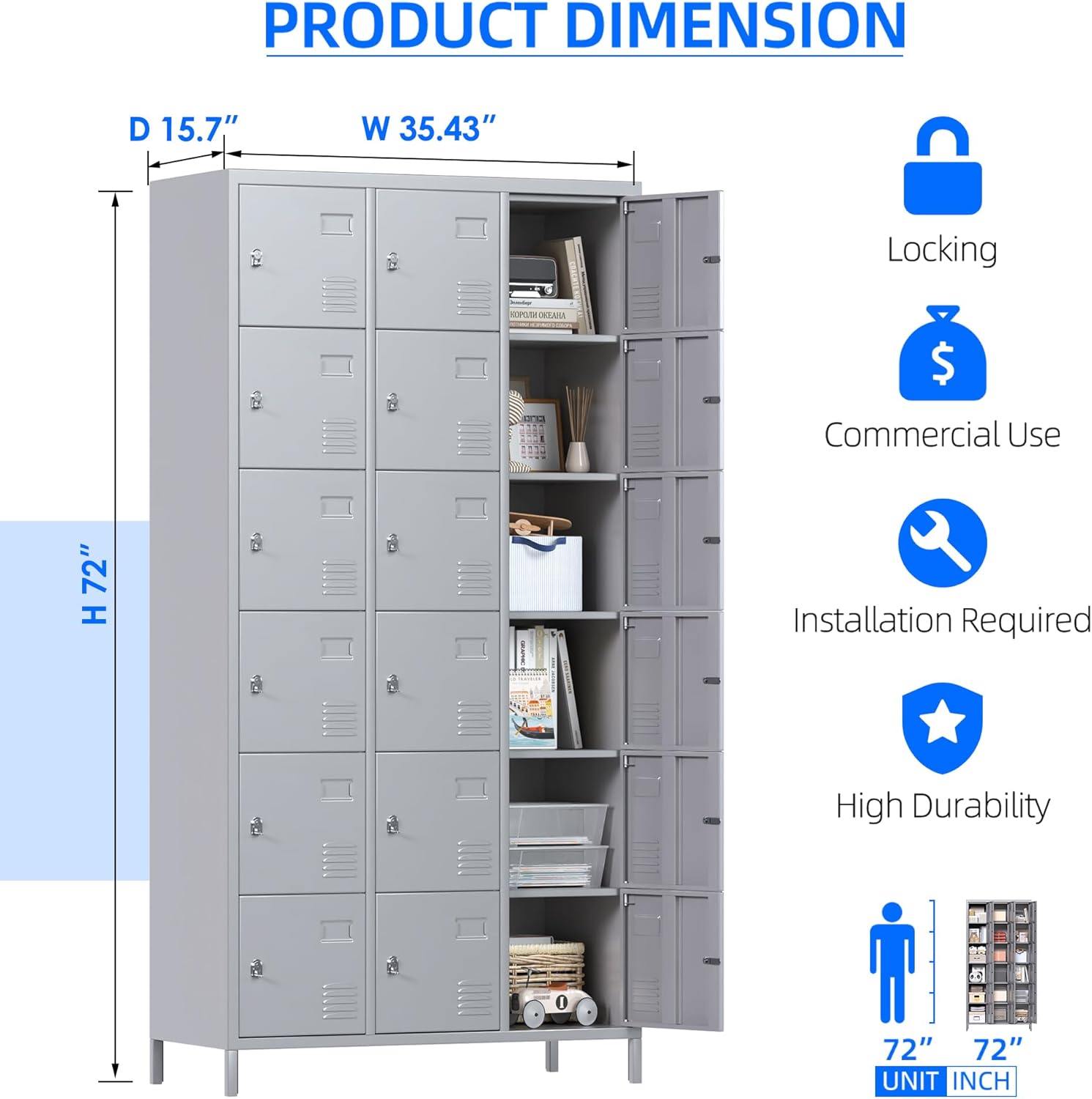 METAN Metal Locker for School Office Gym Bedroom, 18 Doors Steel Storage Locker Cabinet for Employees, Industrial Storage Locker, Assembly Required (18 Door-Grey)