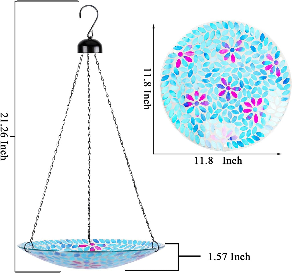 VCUTEKA Hanging Bird Bath, Glass Mosaic Bird Baths for Outdoors Birdfeeder with 21 inch Rust-Proof Chain for Garden Yard Decor, Flower