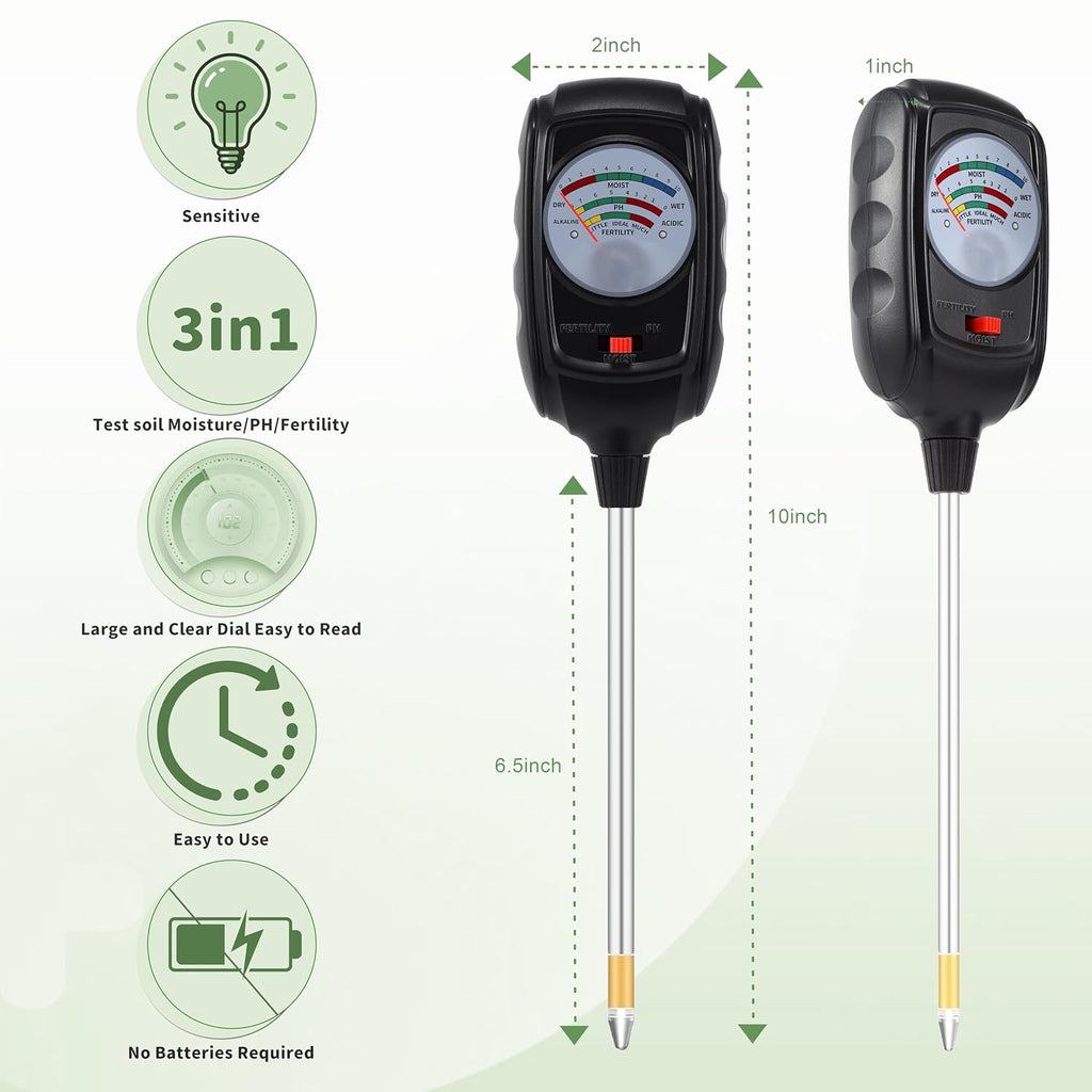 3-in-1 Soil Test Kit, Soil Moisture Meter/Soil pH Meter/Soil Fertility Tester, Soil Moisture Meter for Garden, Farm, Indoor, Outdoor and Lawn Care (Bright Black)