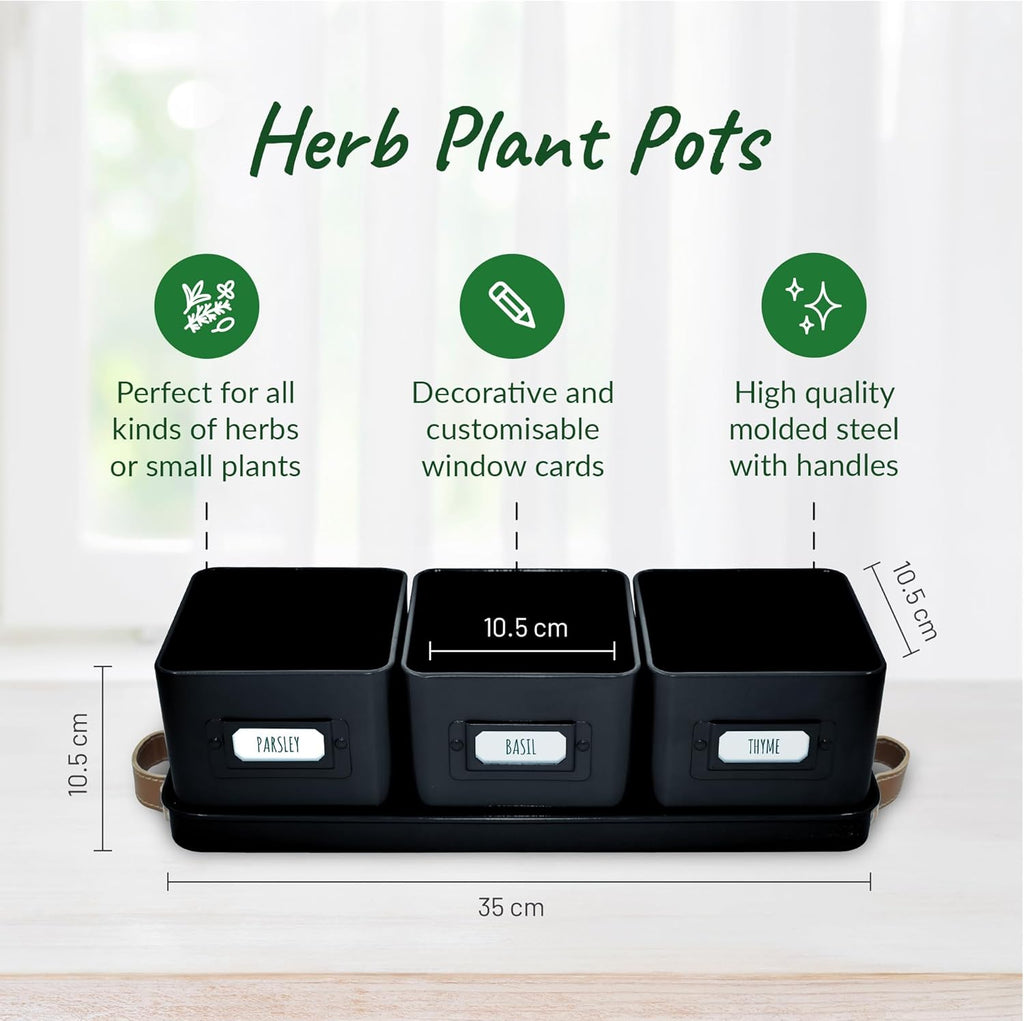 Herb Planter Indoor - Set of 3 Black Indoor Herb Garden Pots for Plants with Leather Handled Tray - Window Sill Plant Shelf - Pots with Drainage Holes and Labels