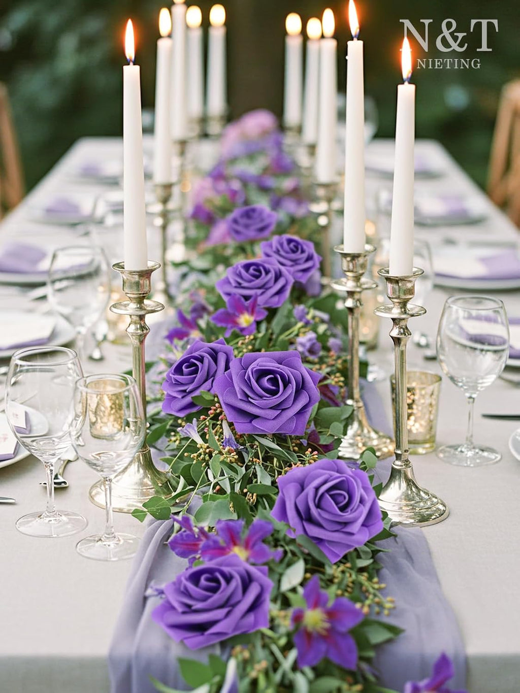 N&T NIETING Fake Flowers Purple Roses, 50Pcs Artificial Flowers Foam Roses with Stems for DIY Wedding Bridesmaid Bridal Bouquets Centerpieces Party Home Decoration Baby Showe