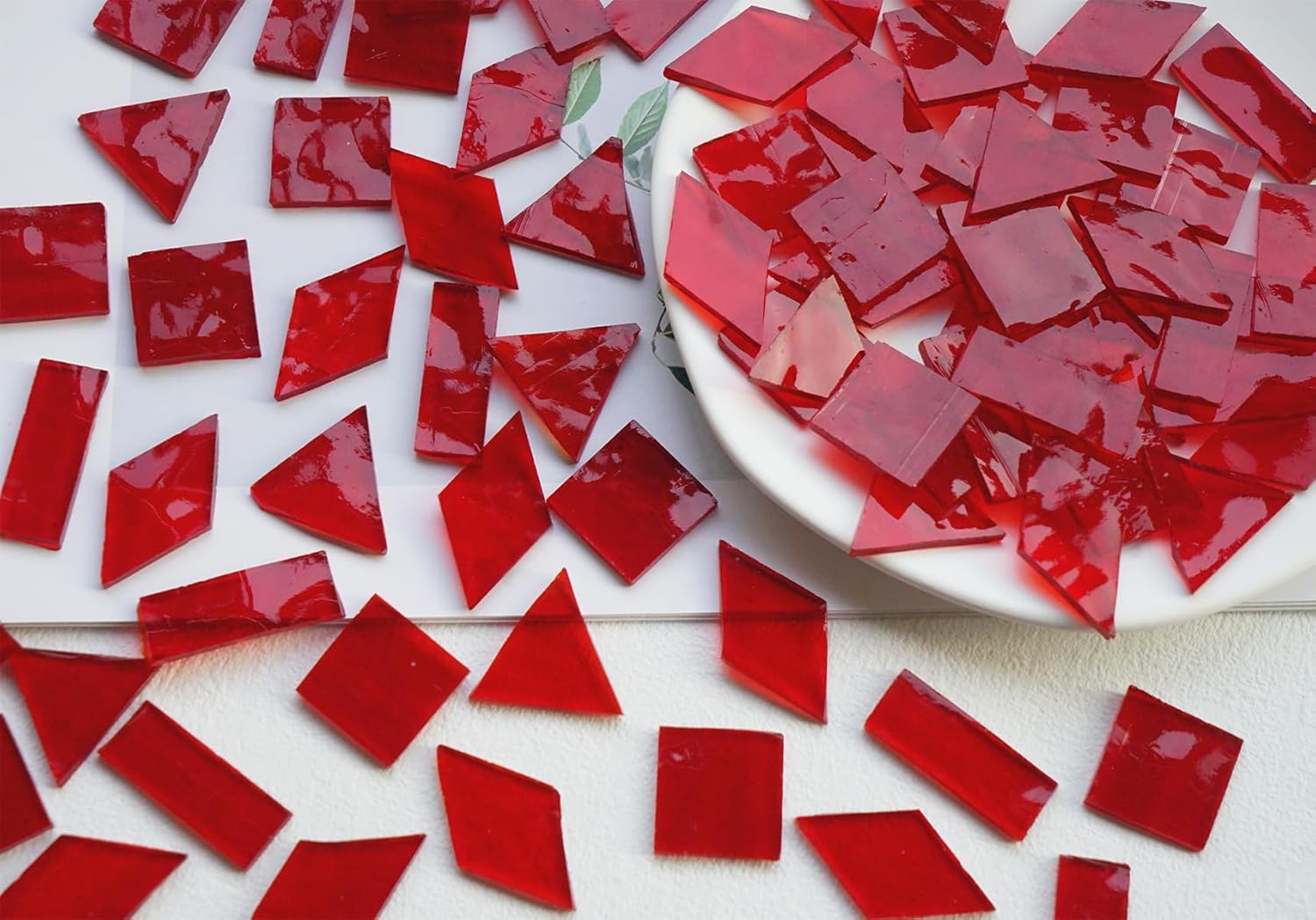 Transparent Textured Stained Glass Pieces, 200G Vibrant 4 Shapes Mosaic Tiles for DIY Crafts Bulk, Mosaic Making Kit, Lipstick Red