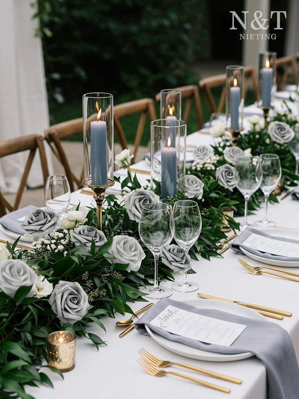 N&T NIETING Artificial Flowers, 25pcs Fake Flowers with Stems for Cake Decoration DIY Wedding Party Baby Shower Decoration, Silver White and Silver Grey