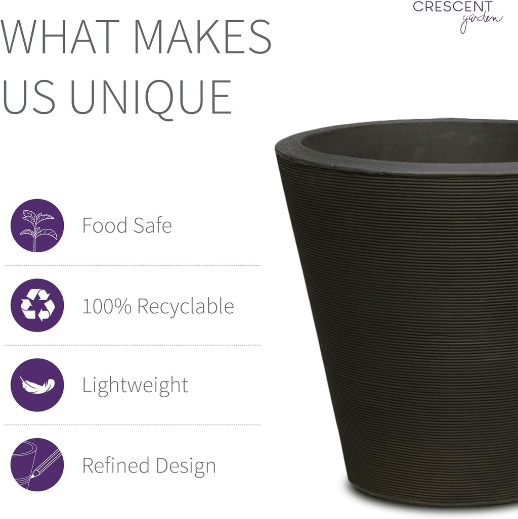 Crescent Garden Madison Planter– Weather-Resistant, Double Walled Indoor/Outdoor Plant Pot with Drain Hole – Large Plastic Plant Pot, 26" W (Caviar Black)