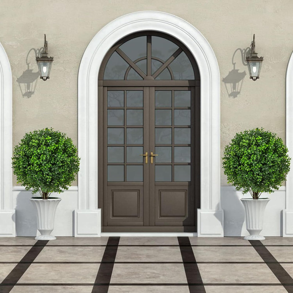 22" Artificial Boxwood Topiary Ball Trees with Ground Spike Set of 2 - UV Resistant Faux Green Shrubs & Bushes Potted Plants for Outdoor Indoor Front Porch Garden