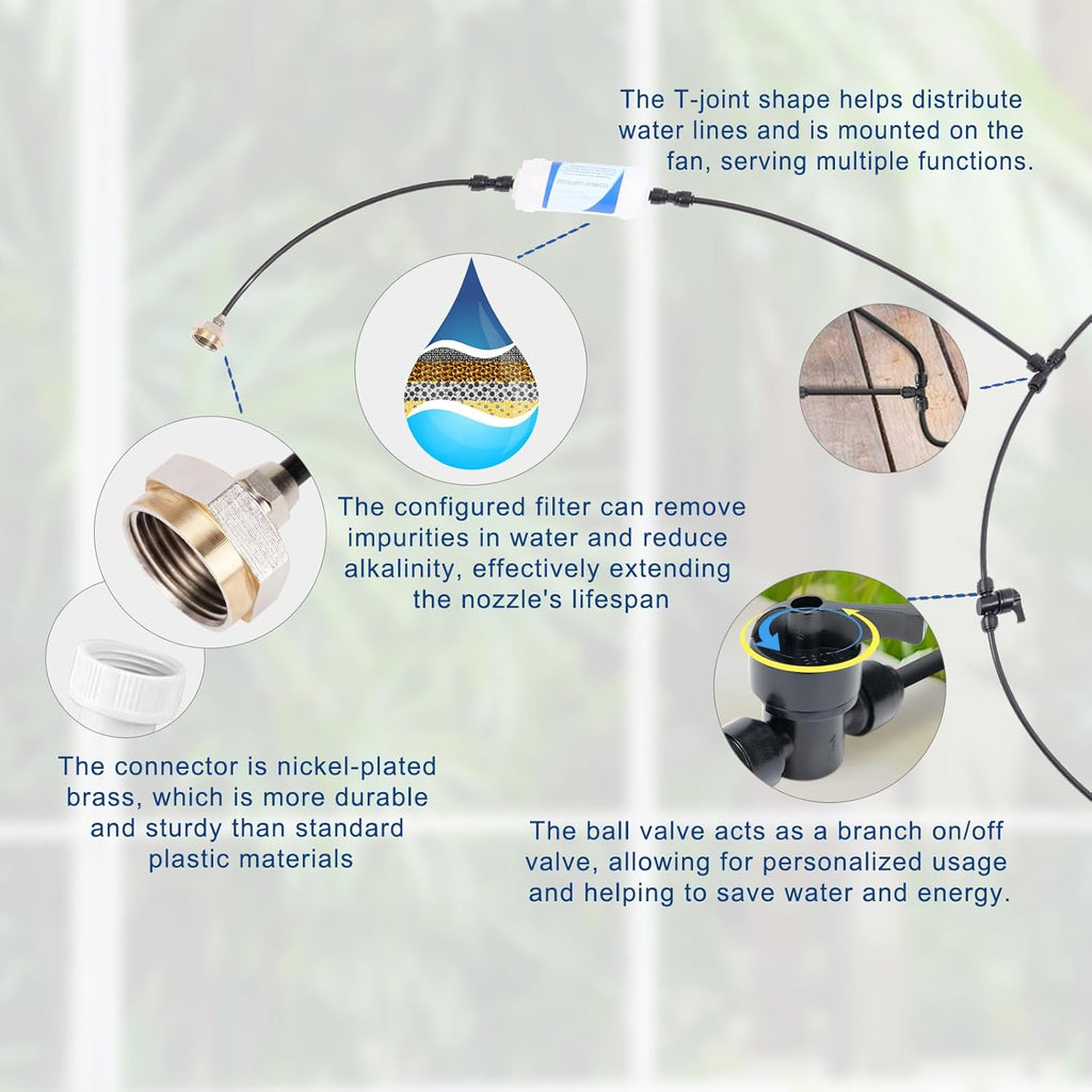 Misters for Outside Patio 32ft– Misting System with Filter and Easy DIY Installation for Garden, Trampoline, and Greenhouse-Ideal for Cooling Patios, and Chicken Coop
