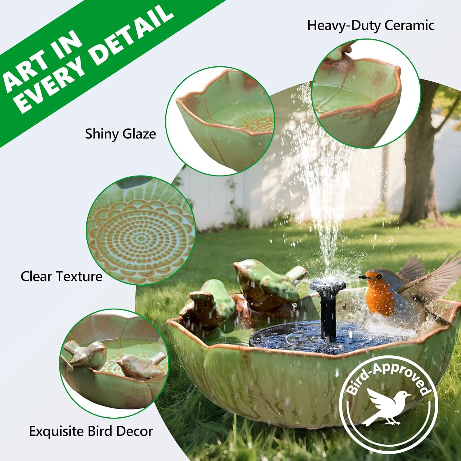 Solar Fountain Ceramic Bird Bath for Outdoors Hummingbird Solar Bubbler Fountain with Ground Ceramic Bird Baths Bowl for Outside, Large Table Top Garden Décor for Patio, Yard & Home