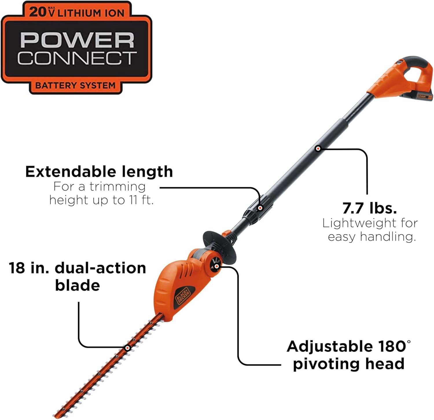 BLACK+DECKER 20V MAX Cordless Pole Hedge Trimmer, 18-Inch (LPHT120)
