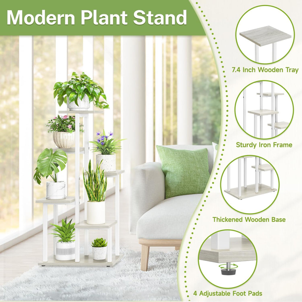 iDavosic.ly 6 Tier Plant Stand Indoor, Tiered Corner Plant Shelf for Multiple Plants, Metal Wood Tall Plant Display Rack Flower Holder for Patio Porch Garden Balcony Bedroom, White