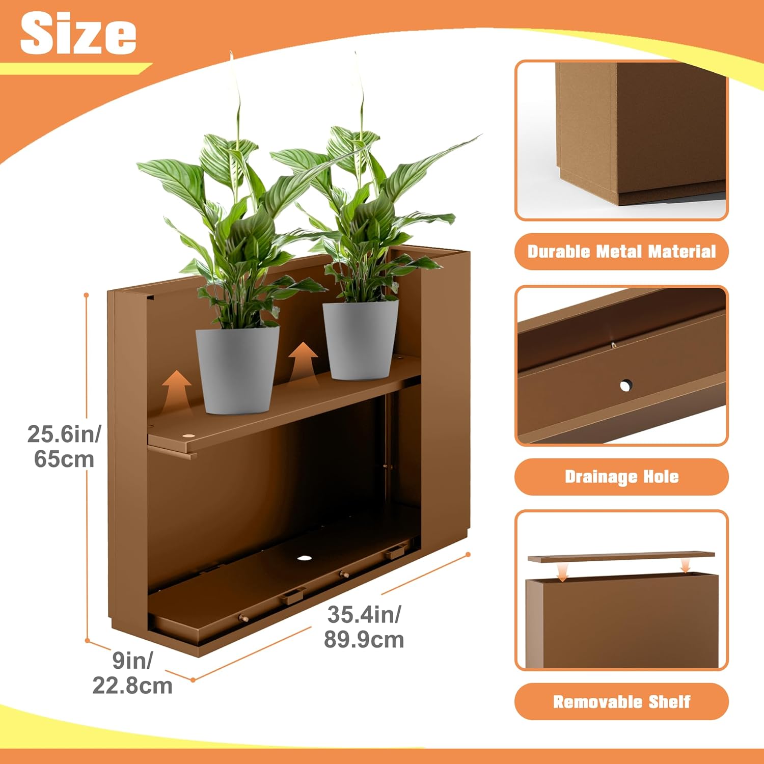 Rectangle Planter for Indoor & Outdoor, Tall and Long Planter Boxes with Drainage Holes, Mental Divider Planter Box All-Weather Use for Plants, Flowers, 35" L x 9" W x 26" H, Brown