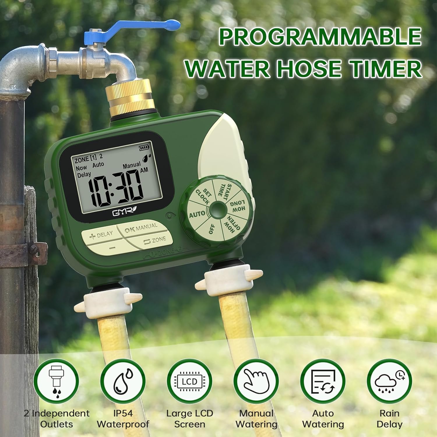 GMR Hose Timers for Watering, Sprinkler Timer Outdoor with Brass Inlet, Water Timer for Garden Hose with Rain Delay/Manual/Auto Irrigation System, Programmable Garden Hose Timer for Yard, 2 Outlet