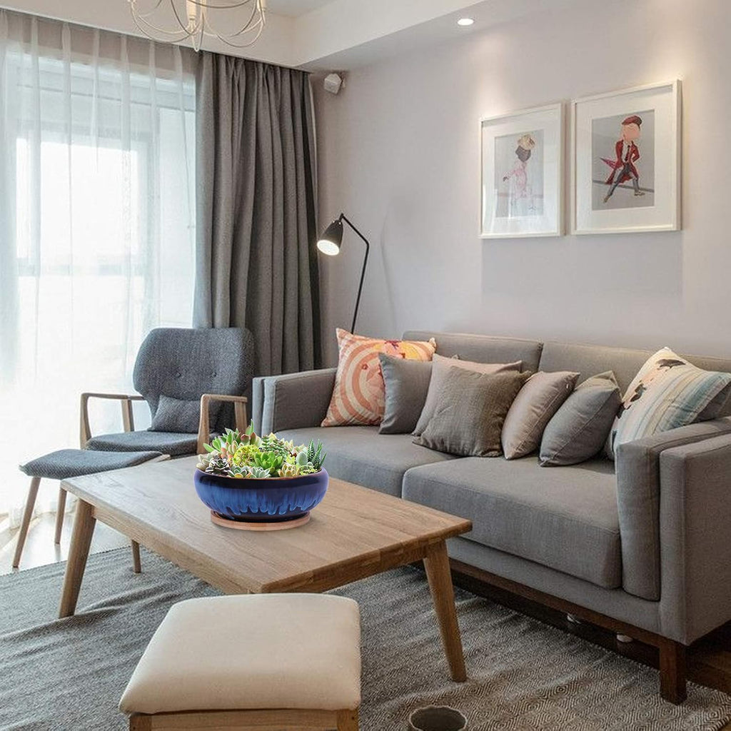 SQOWL 7 Inch Round Ceramic Succulent Planter Pot Drip Glazed Shallow Planter with Drainage Bamboo Tray for Indoor Plants