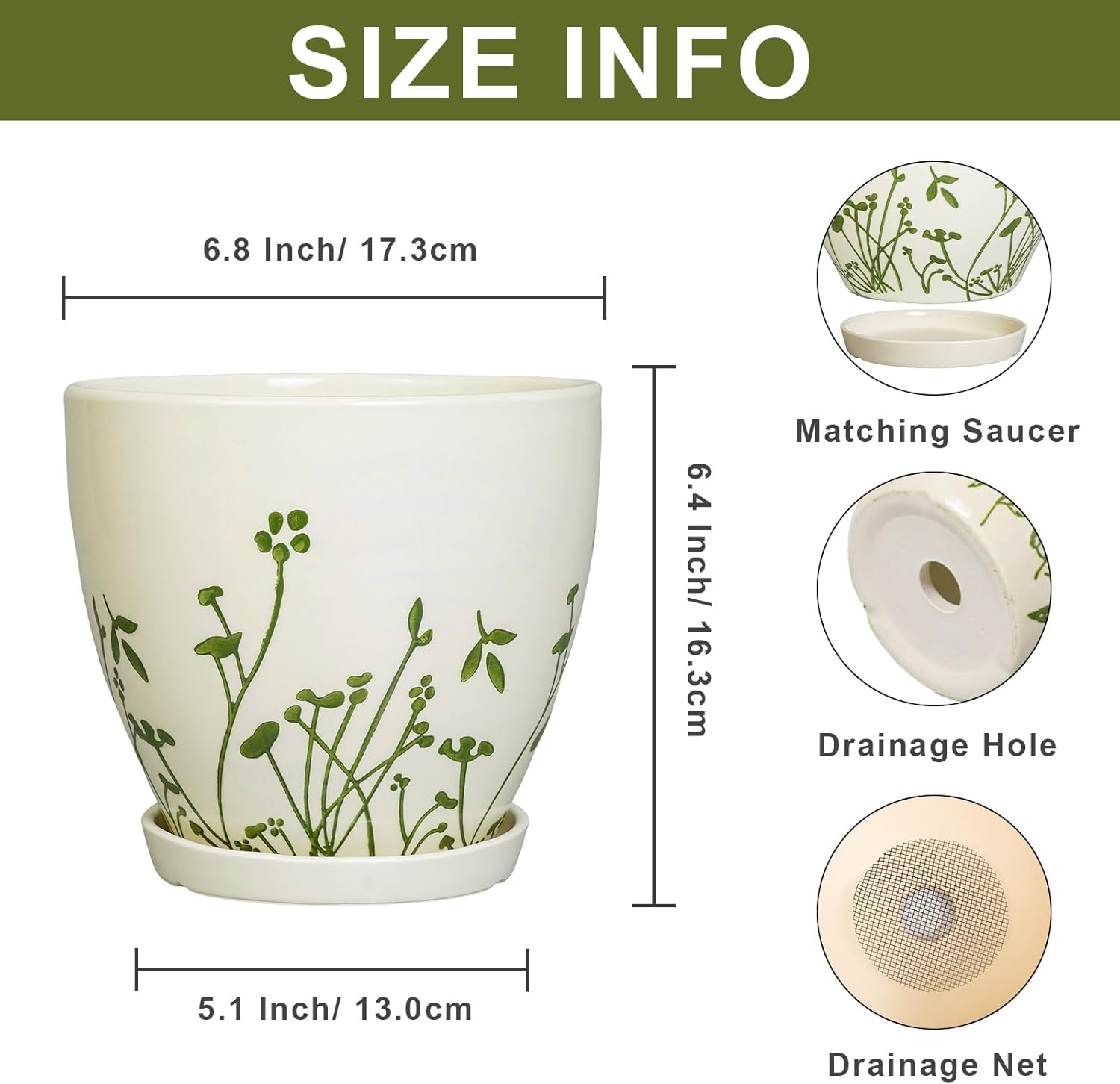 Ceramic Plant Pot 6.8 Inch - Indoor Flower Pot with Drainage Hole and Saucer, Decorative Boho Round Outdoor Indoor Planter, Plant Lover Gifts, Office Home Garden House Decor, White