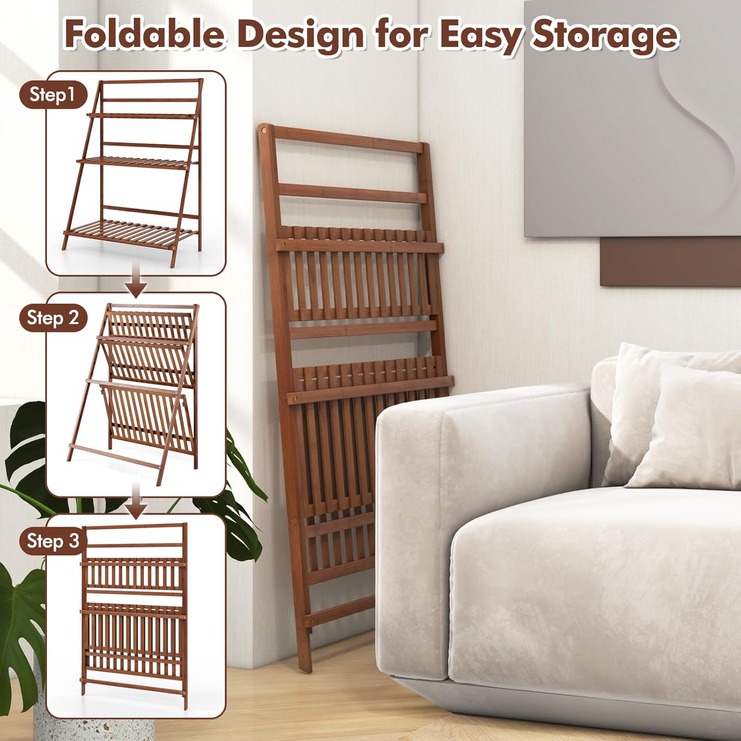 COSTWAY Bamboo Plant Stand, Foldable Multifunctional Flower Display Ladder Shelf, 3-Tier Storage Rack