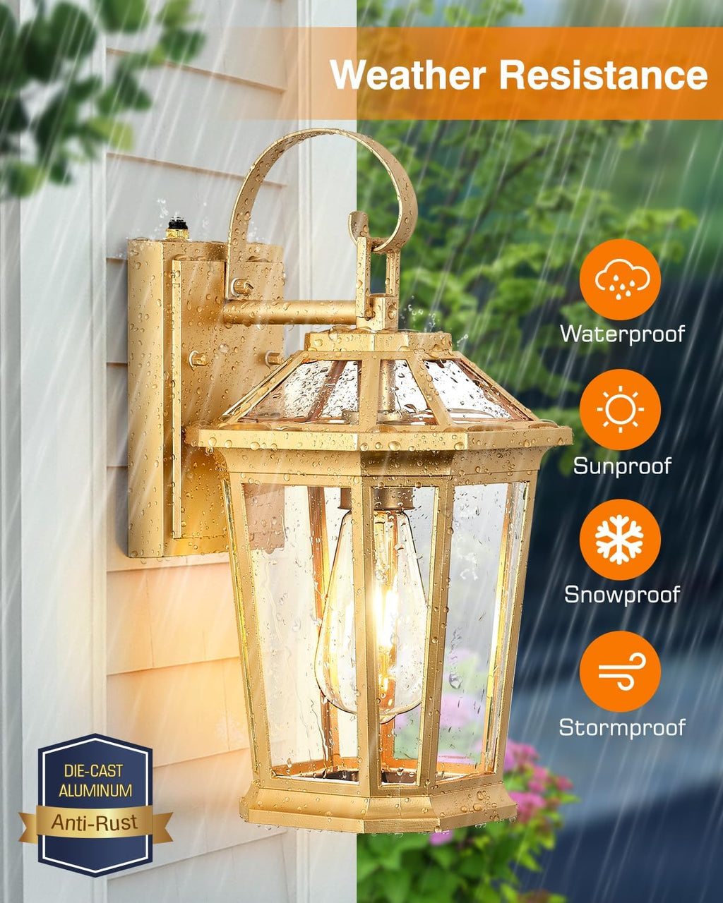 VIANIS Dusk to Dawn Outdoor Wall Lanterns, Modern Golden Exterior Lighting Fixtures Wall Mount Sconces, 100% Aluminum Waterproof Gold Porch Lights, Outside Coach Lantern for House Patio Garage, 2-Pack