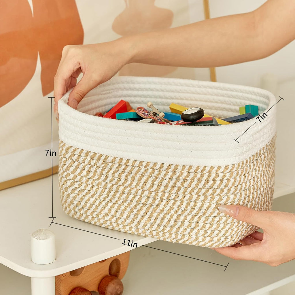 Small Cotton Rope Basket – Storage Bin for Organizing (10.6" x 6.7" x 6.7"), Bathroom Storage Basket for Shelf, Counter & Closet（White & Mixed Camel）