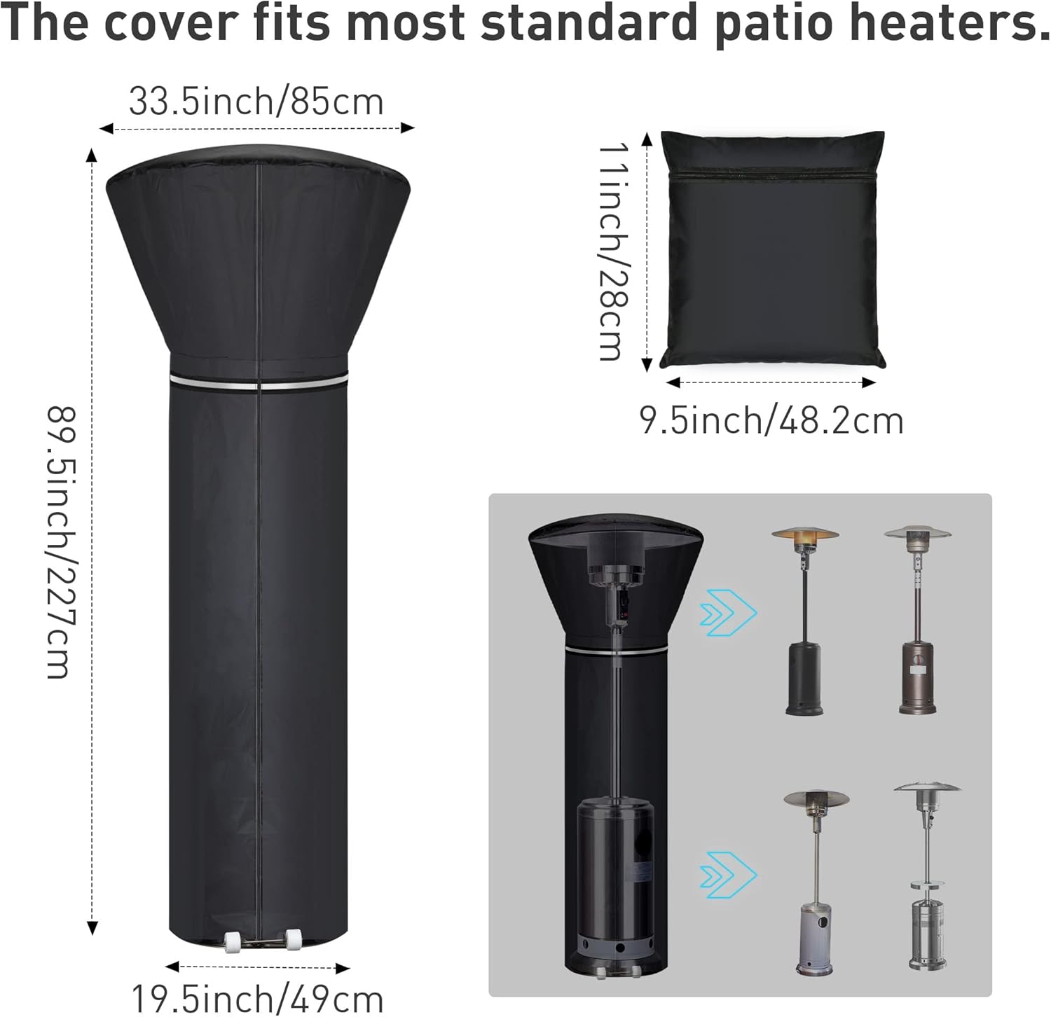 Patio Heater Covers with Reflective Strip,Outdoor Heater Cover Waterproof,Dustproof,Wind-Resistant,Sunlight-Resistant,Snow-Resistant,Black,89.5''x 33.5" Dome x 19.5" Base