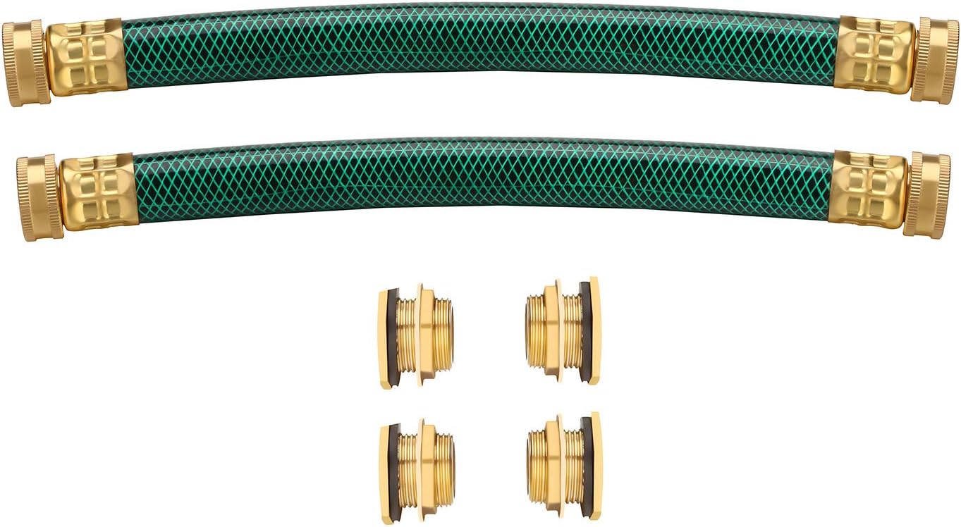 WADEO Rain Barrel Connector Kit Pack of 2, Rain Barrel Linking Kit with Two 12 Inch Hoses and Four Copper Plating Bulkhead Tank Fittings（Green）