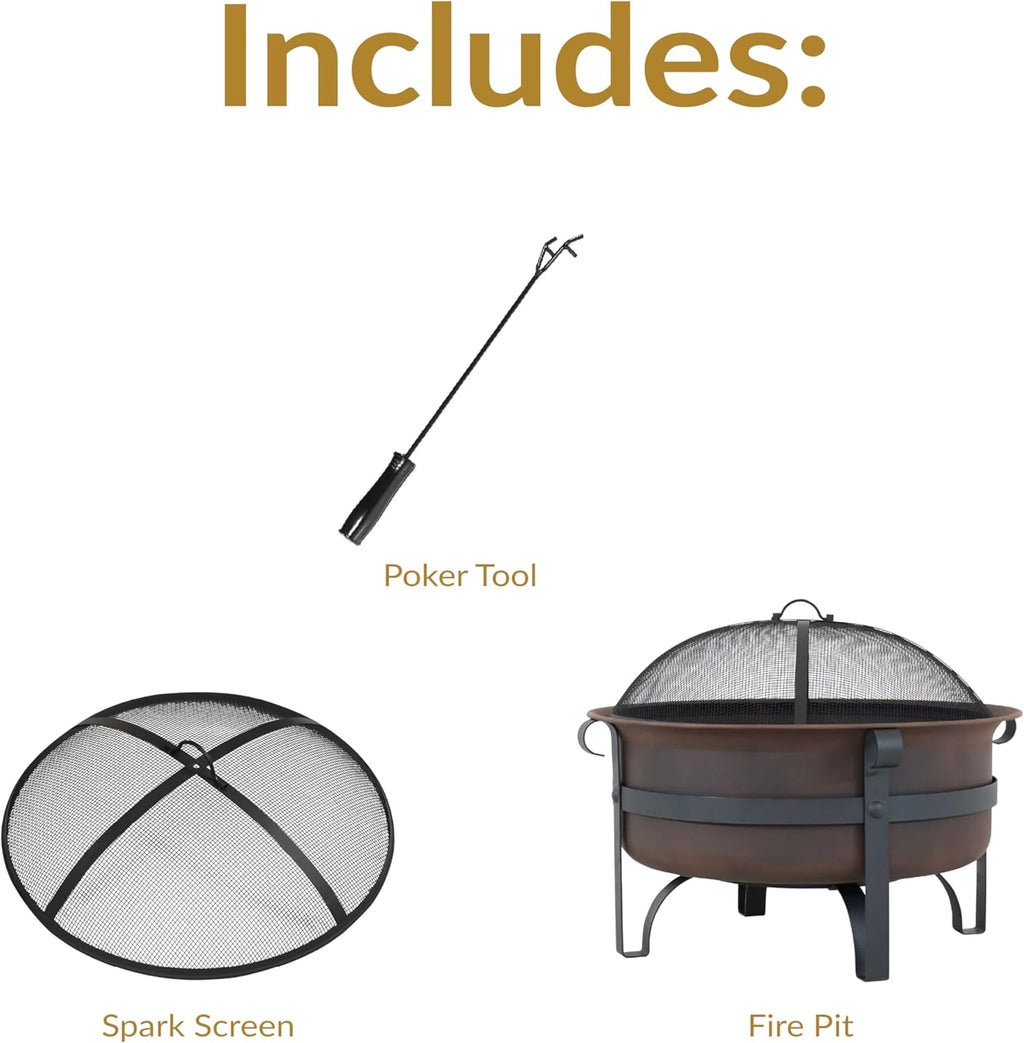 Sunnydaze 29-Inch Wood-Burning Outdoor Fire Pit - Bronze Cauldron Wood Fire Pit for Outside - Includes Poker and Spark Screen