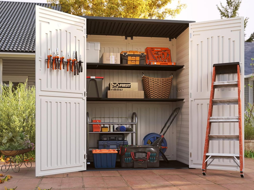 Vertical Resin Storage Shed with 2 Shelves, 60 Cuft Garden Tool Sheds & Outdoor Storage, Plastic Outdoor Storage Cabinet Waterproof, 4.5 x 2.3 ft Backyard Outside Lawn Mower Storage Shed, White