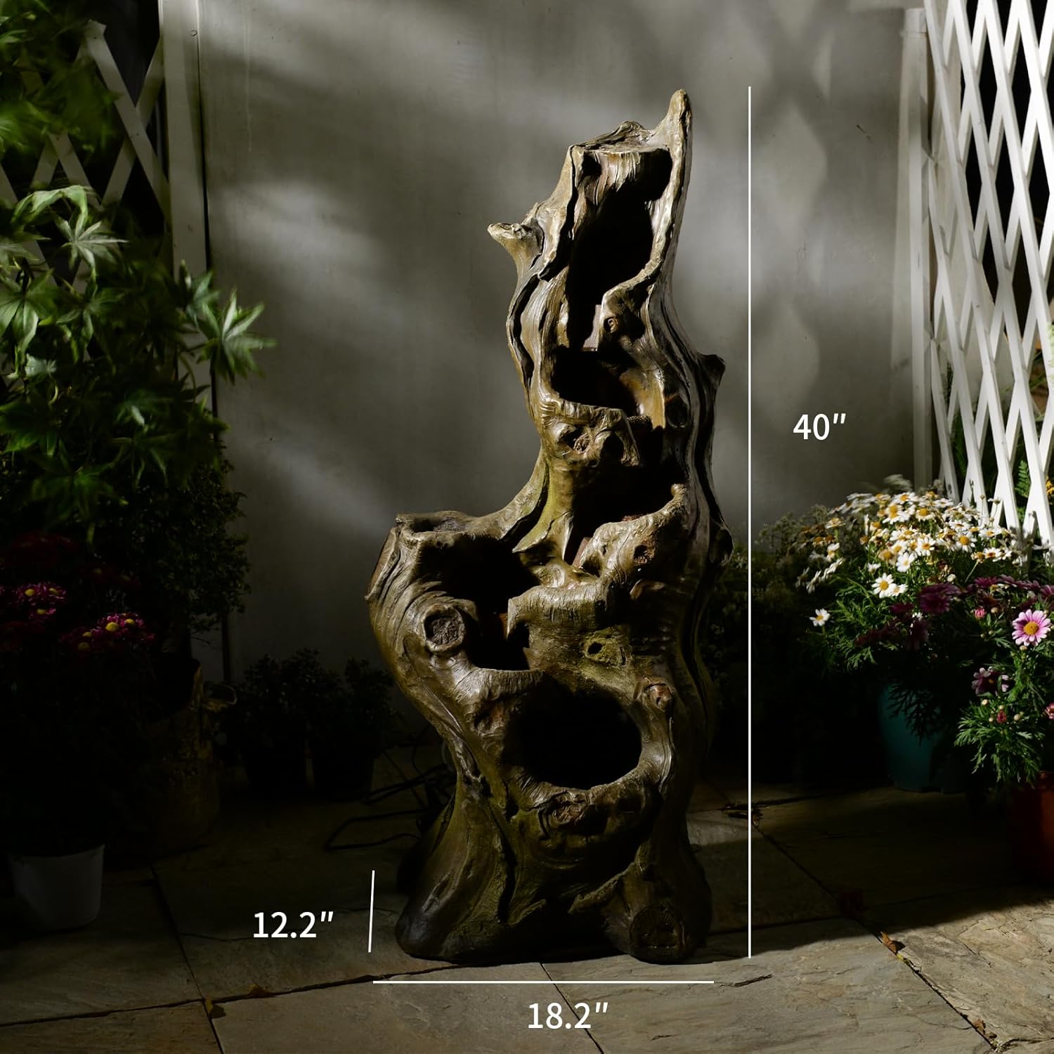 Water Fountain Outdoor 5-Tiers Large Cascading Realistic Tree Trunk Natural Waterfall Outdoor Fountain Resin Imitation Wood with LED Lights for Garden, Patio, Porch