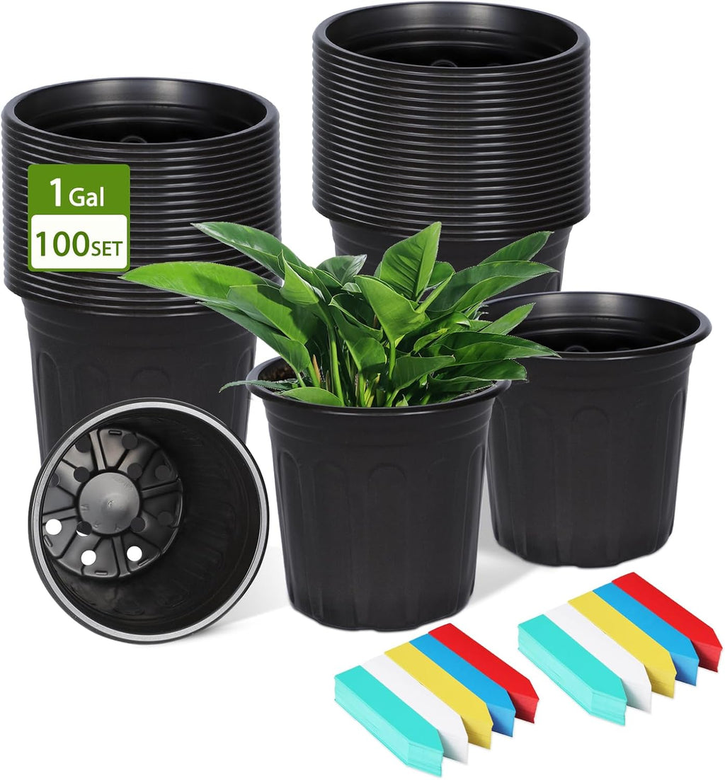 DI QIU REN 100-Pack 1 Gallon Flexible Plant Nursery Pots, Plastic Flower Pots Seedling Pots with 200Pcs Plant Labels, Plastic Plant Pots with Drainage Holes for Plants, Cuttings, Transplanting
