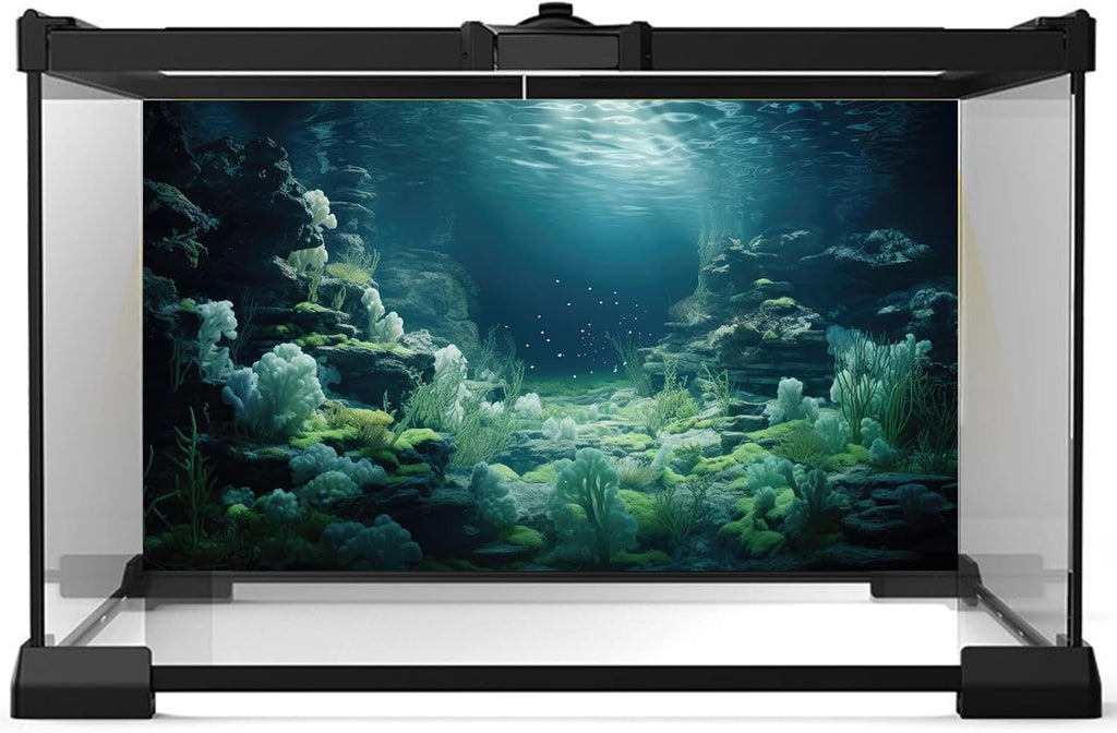 Aquarium Background Underwater Bioluminescent Life Coral Terrarium Backdrop White Coral Lush Moss Fish Tank Background Rock Sunlight Rays Tank Aquarium Wallpaper Poster Vinyl 36x24in