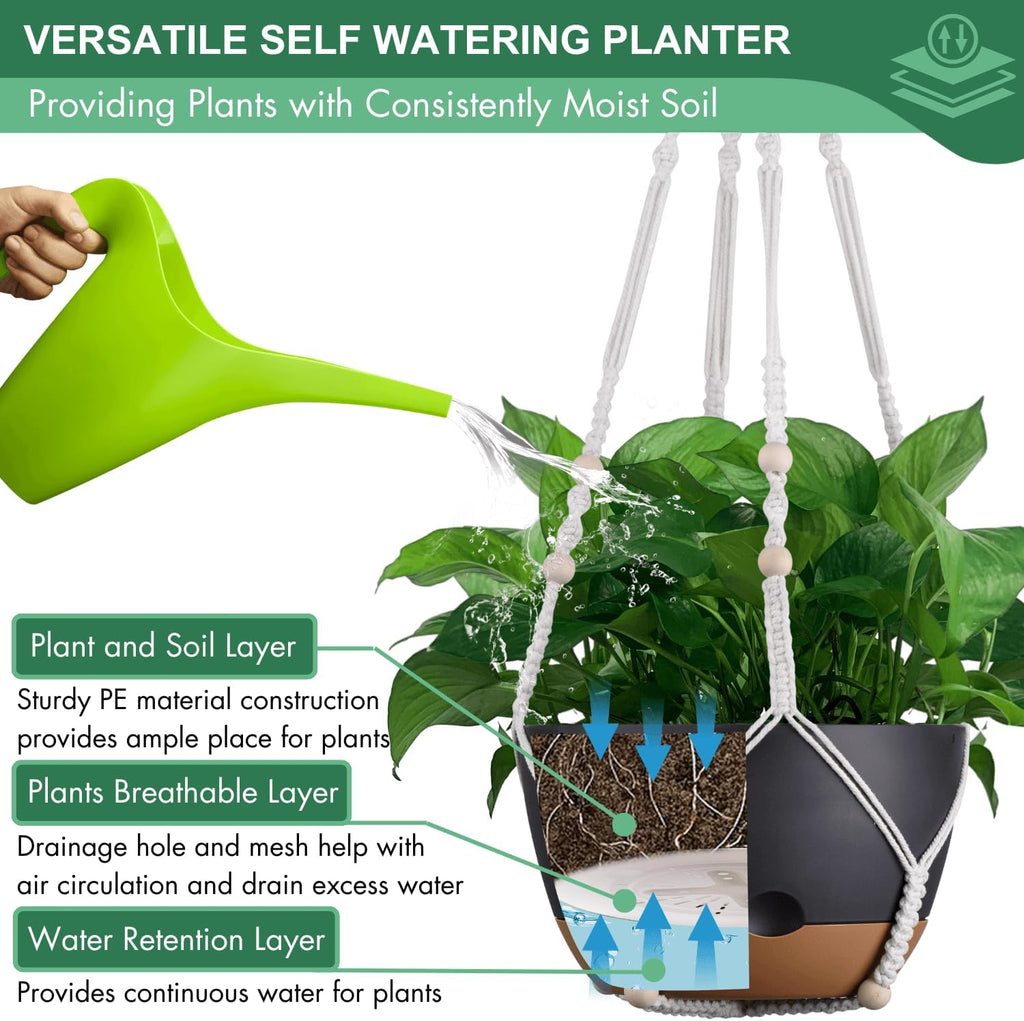 Set of 2-8 Inch Hanging Planters for Indoor Plants with Self-Watering Includes Hanging Pots for Plants, Outdoor Hanging Plant Pot with Drainage, and 2 Types of Baskets Hangers (Black)