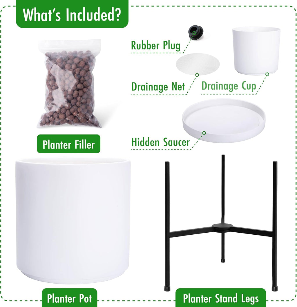 D'vine Dev Modern White Plants Pot Cylinder Planter with Heavy Duty Stand, X-Large 14 Inch Pot, 21 Inch with Stand Height, 96-T-A-4