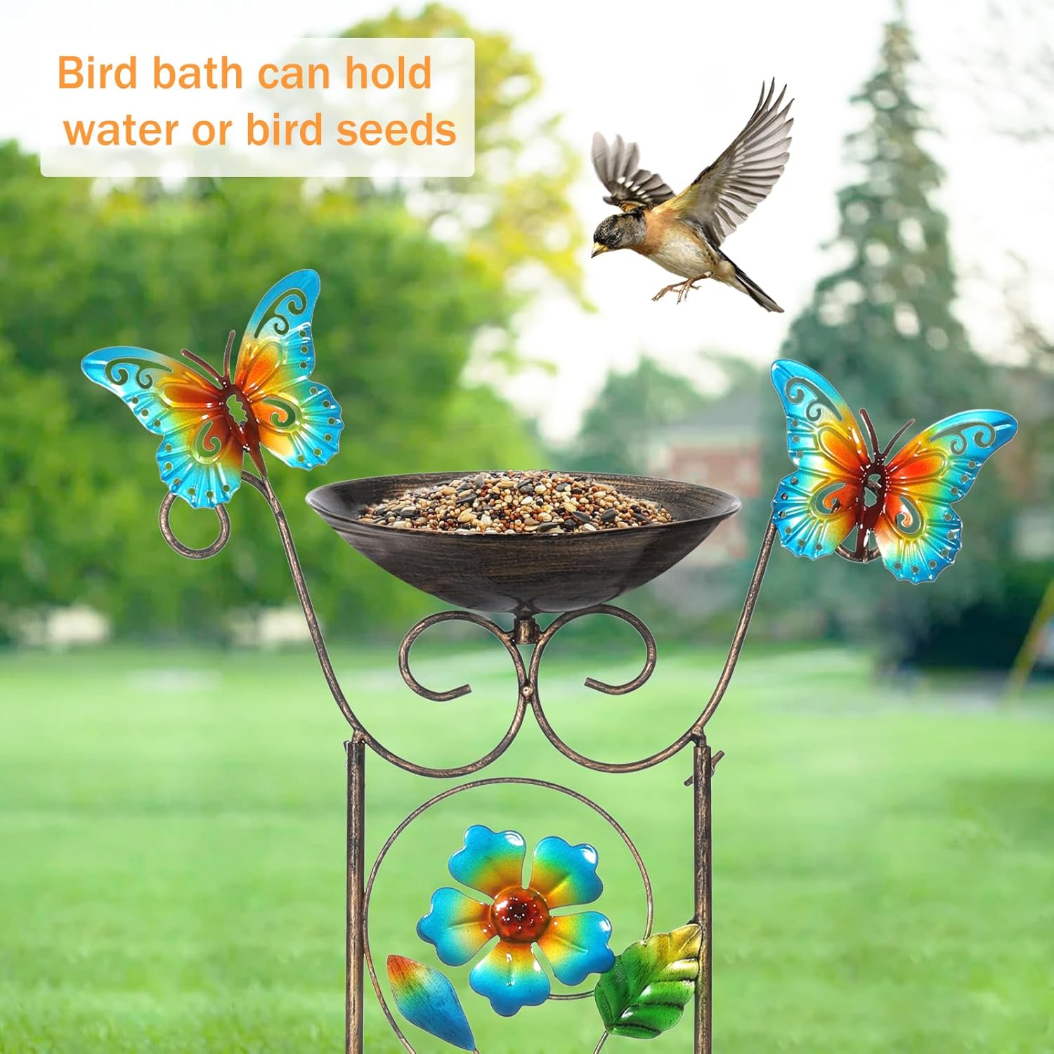 LEWIS&WAYNE Garden Trellis Bird Bath Outdoor, 40 Inch Antique Iron Garden Plant Trellis Decorative with Floral-Butterflies and Detachable Drinking Basin Bowl, Free Standing BirdBath Birdfeeder Station