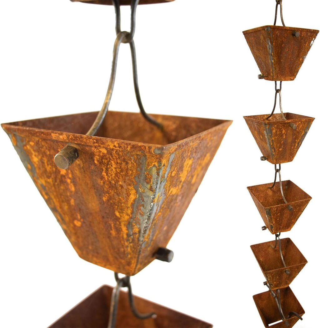 Nutshell Stores Medium Square Cups Rain Chain - Weathered Steel - 15 Feet