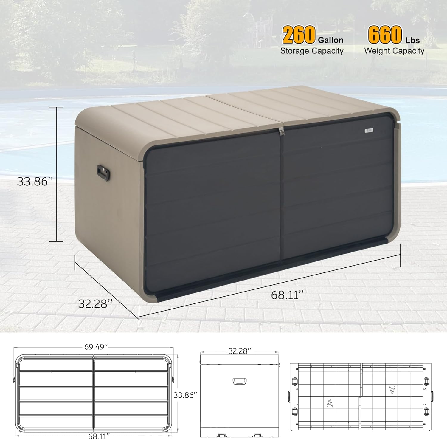 Domi 260 Gallon Resin Deck Box, Waterproof & UV-Resistant Outdoor Large Storage Box Lockable Storage Bin for Patio Cushions Pool Supplies Garden Tools and Delivery Storage