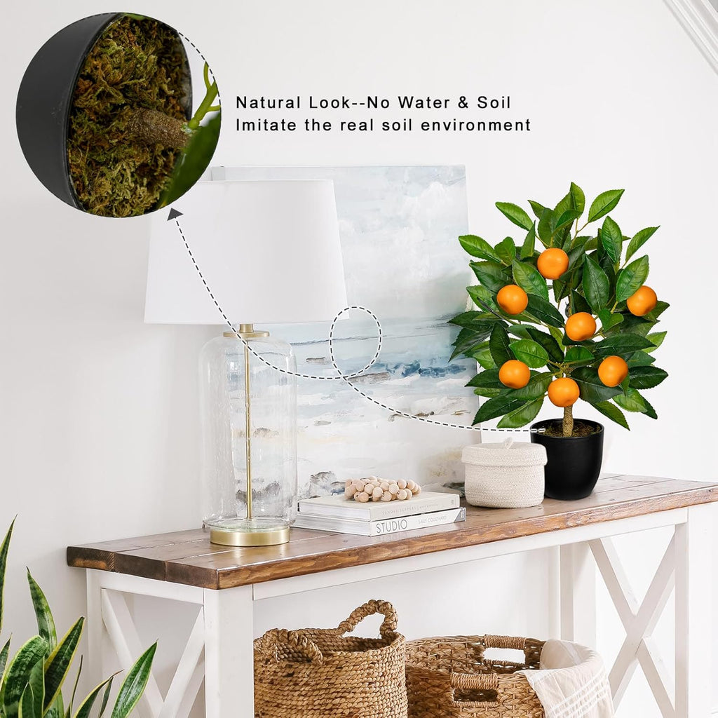 Artificial Potted Plants 15.7 inches Fake Orange Tree Artificial Citrus Fruit Plant with Black Pot Faux Plants Indoor for Home,Office, Living Room Table, Desk