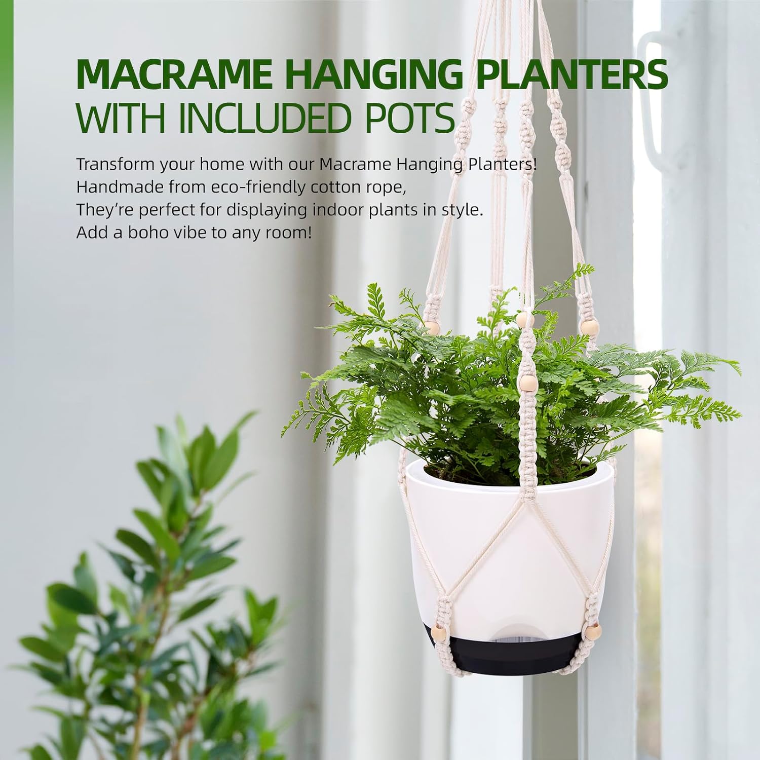 2-Pack 7.2-Inch Self-Watering Hanging Planters for Indoor & Outdoor Plants,34-Inch macrame hanger plant pots indoor with drainage,Small Hanging Planters & Baskets in White,With two sets of hooks